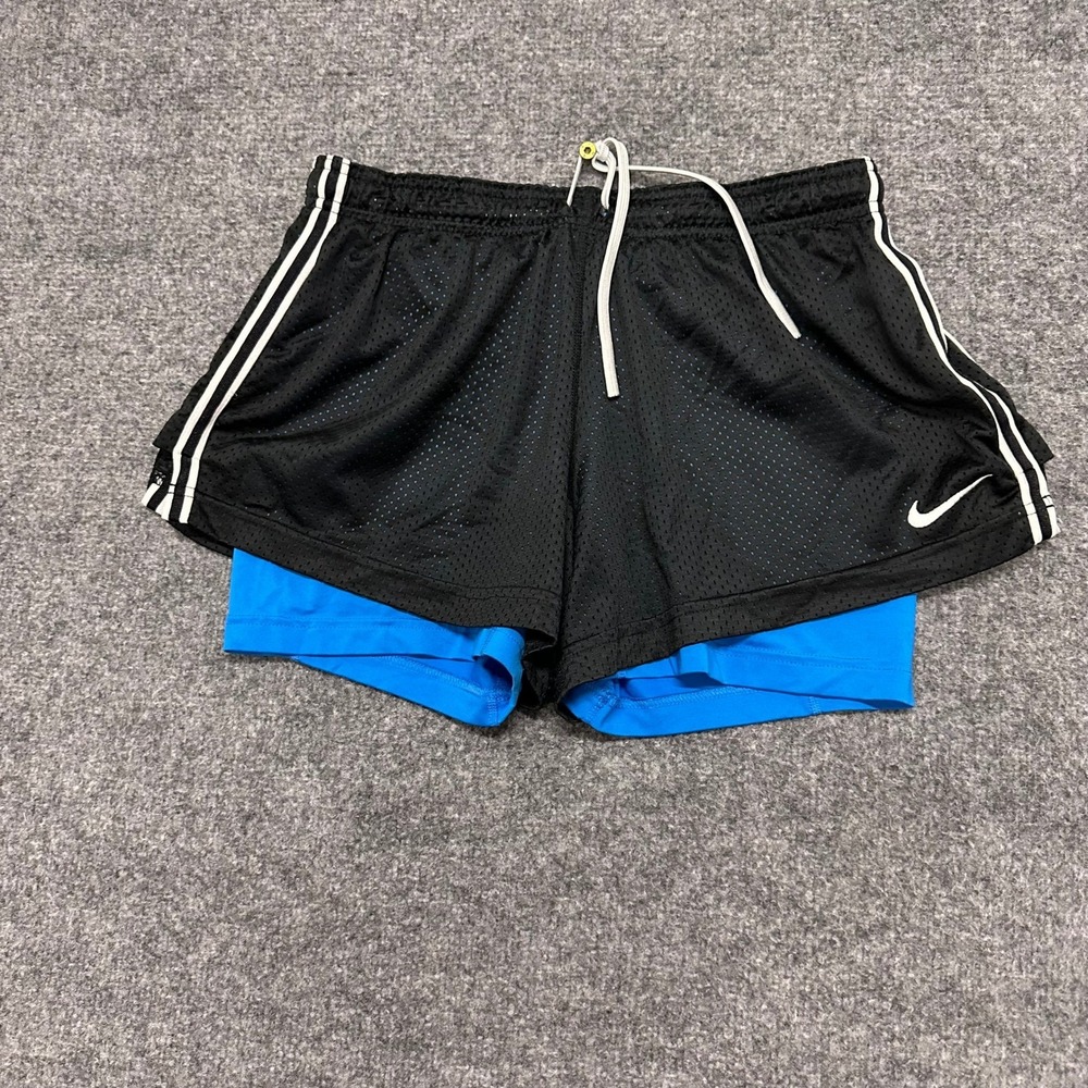 Nike Shorts Womens Size L Black Blue Dri-Fit 2-in-1 Mesh Layered Athletic Run
